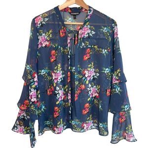 Express Floral Tiered Sleeve Semi Sheer Top